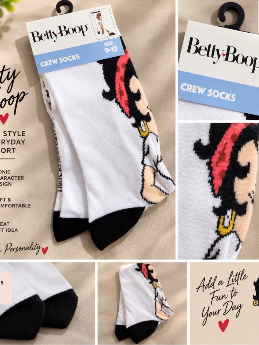 Betty Boop White Crew Socks with Black Toes and Red Accent